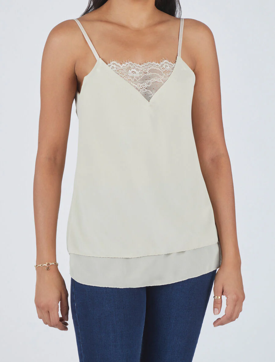 V-hals kanten jurk - Beige - Image 4