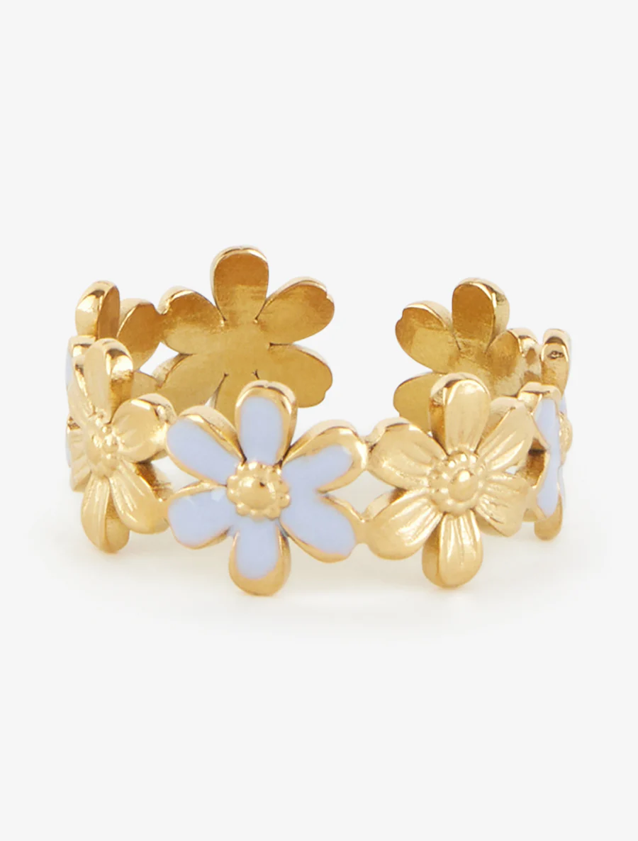 Verstelbare bloemenring - Goud/blauw - Image 3