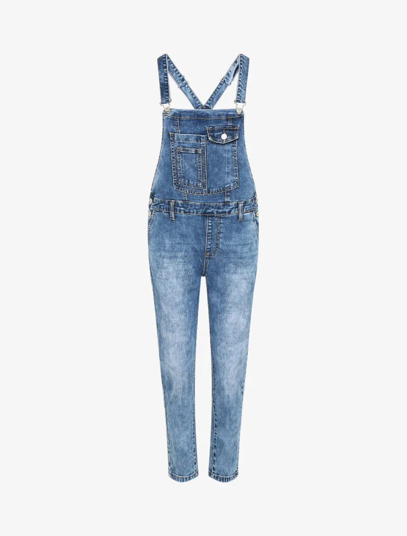Verweerde slim-fit tuinbroek van denim met gestileerde voorzak - Blauw denim