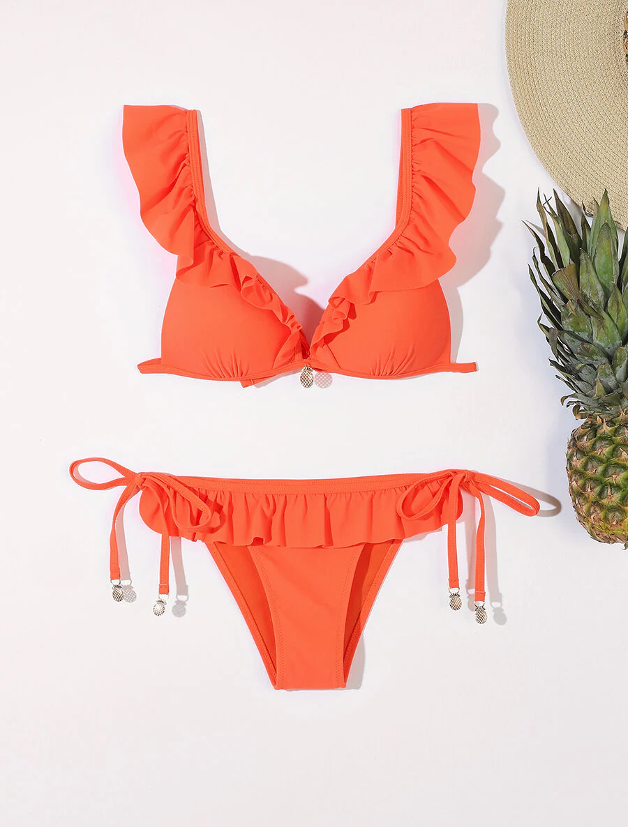 Vliegende bikini met juwelen ananas detail - oranje fluo