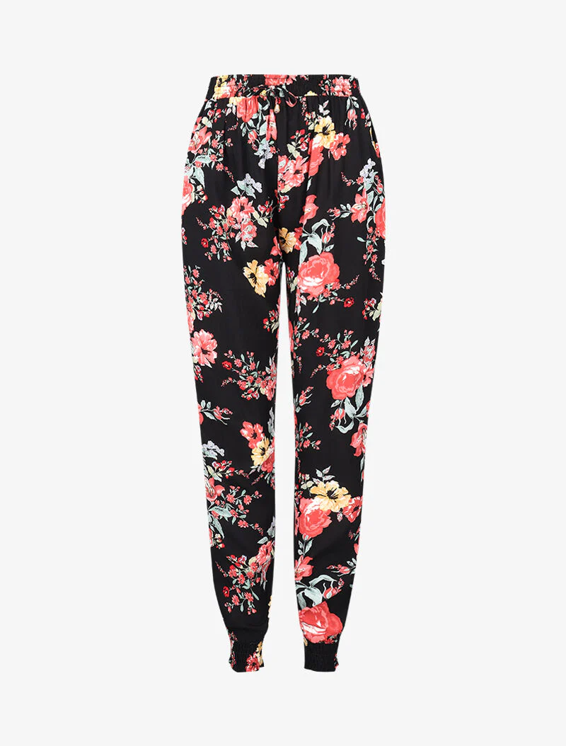 Vloeiende broek met bloemenprint - zwart