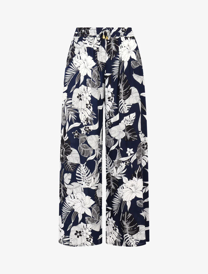 Vloeiende broek met effen tropische bloemenprint - marineblauw