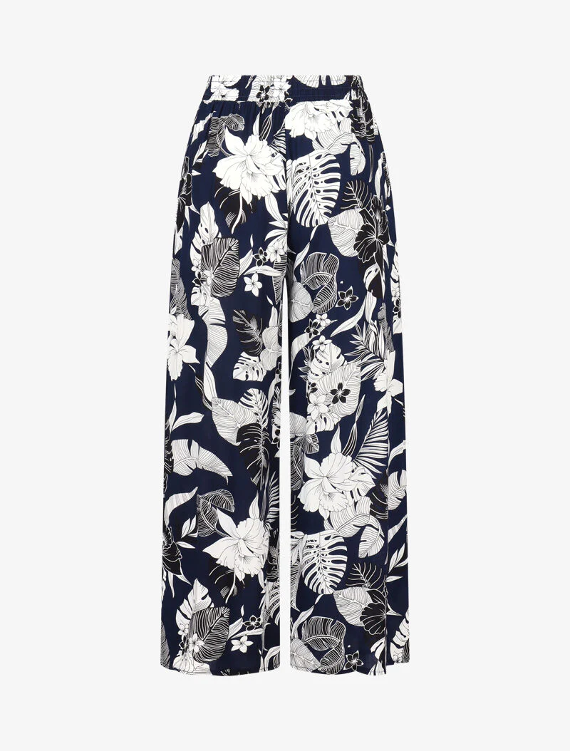 Vloeiende broek met effen tropische bloemenprint - marineblauw - Image 2