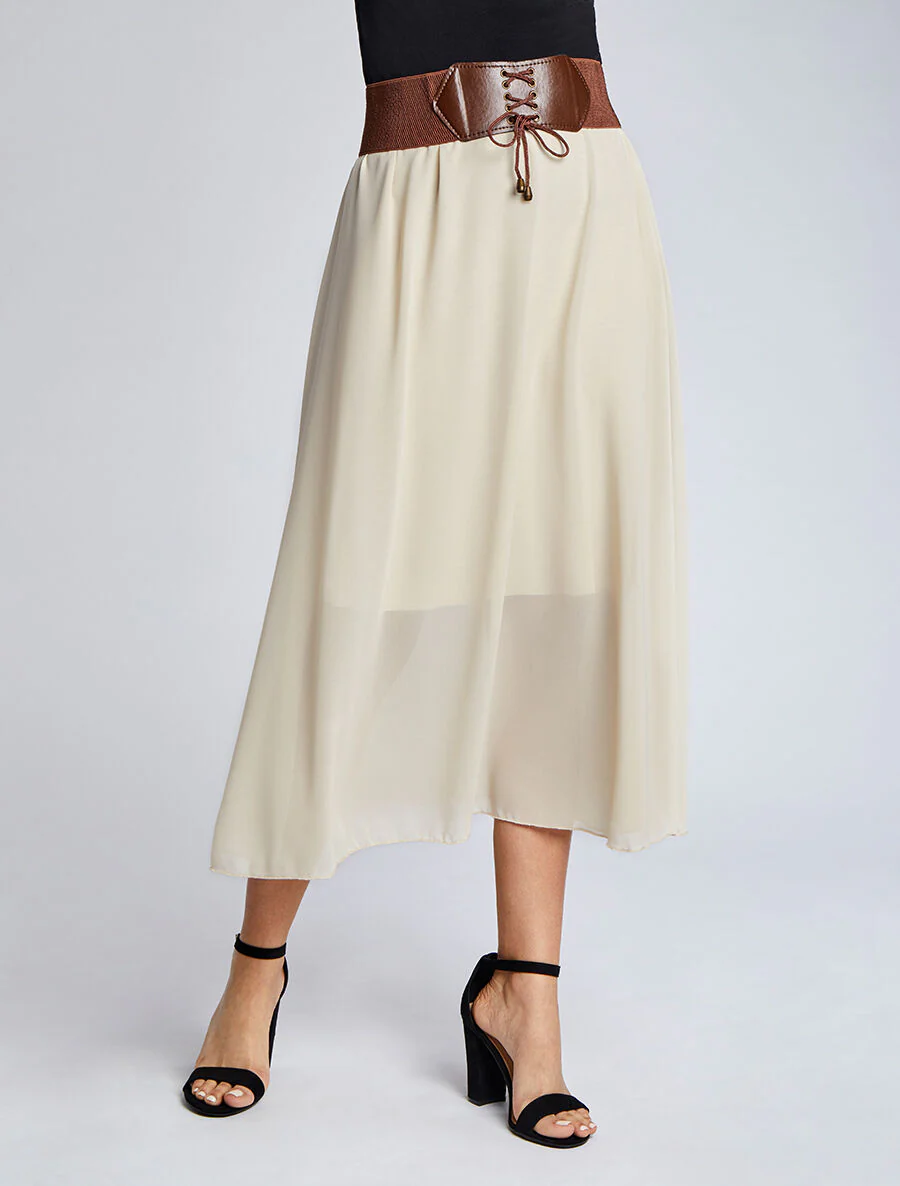 Vloeiende effen midirok - Beige - Image 4