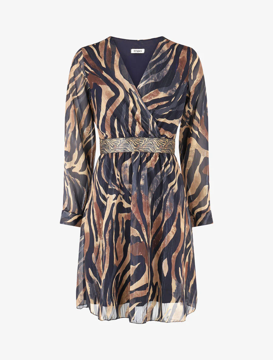 Vloeiende jurk met zebraprint en stijlvolle tailleband - Marineblauw