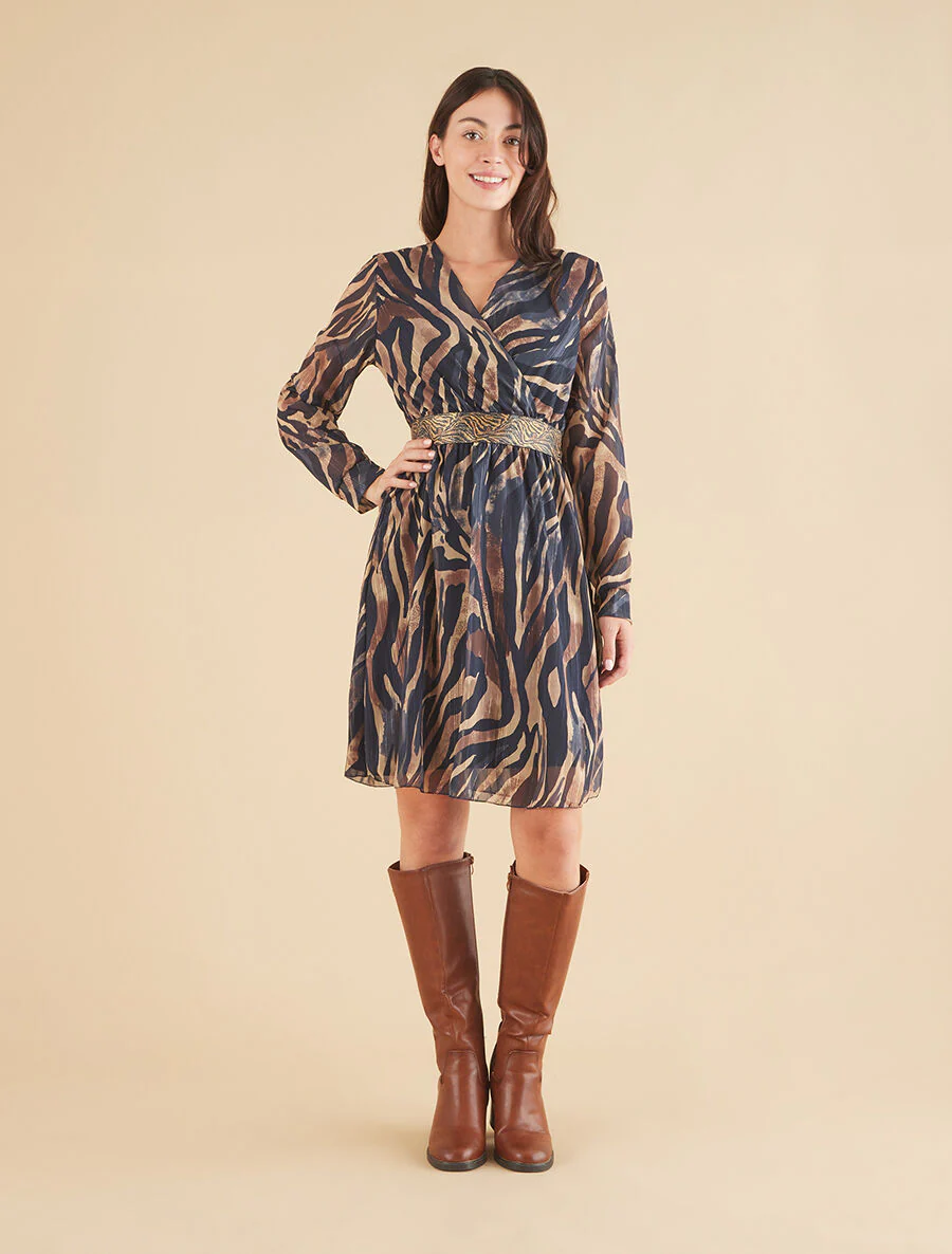 Vloeiende jurk met zebraprint en stijlvolle tailleband - Marineblauw - Image 4