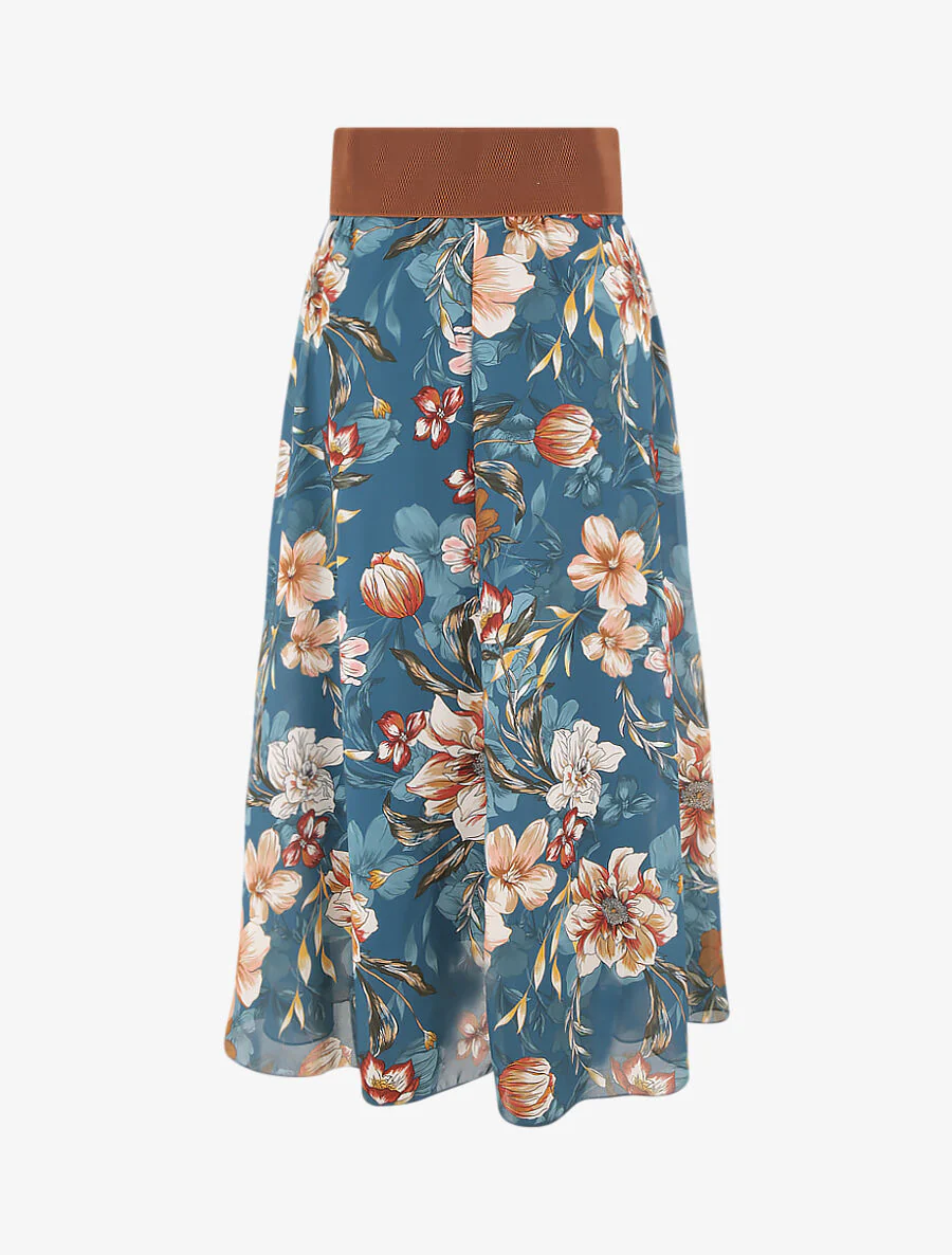 Vloeiende midi rok met orchidee print - Blauwgroen - Image 2