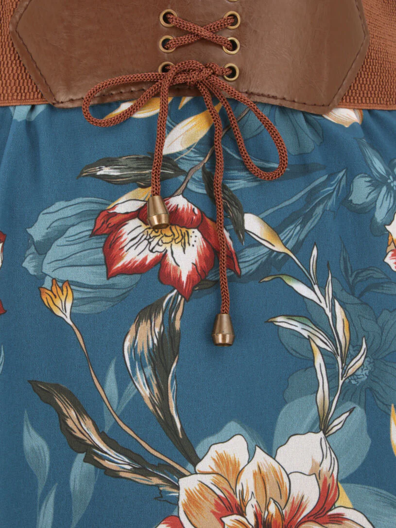Vloeiende midi rok met orchidee print - Blauwgroen - Image 3