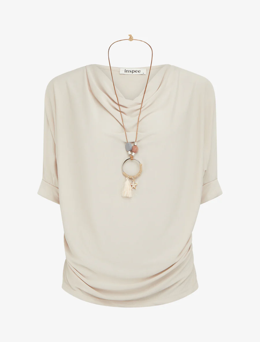Vloeiende top met watervalhals. - Beige