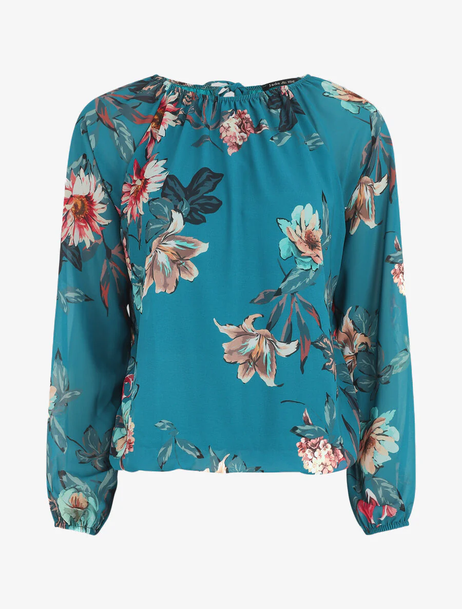 Voile blouse met bloemenprint - Blauwgroen