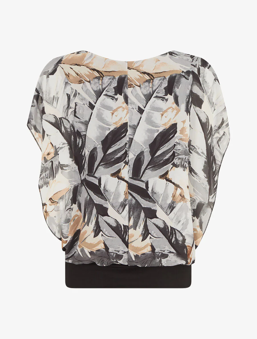 Voile top met bloemenprint en ruches aan de mouwen - Zwart - Image 2
