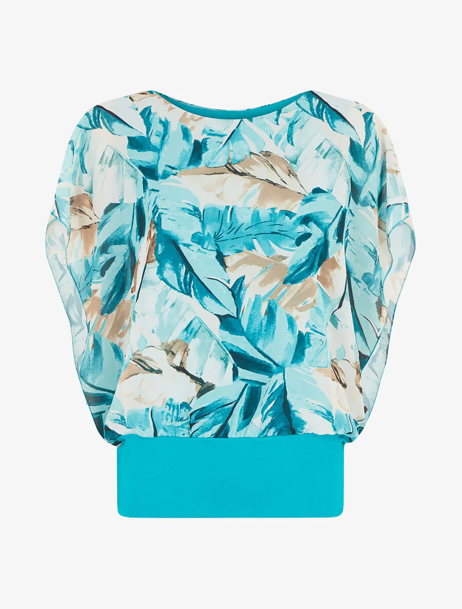 Voile top met bloemenprint en ruches aan de mouwen - Turkoois