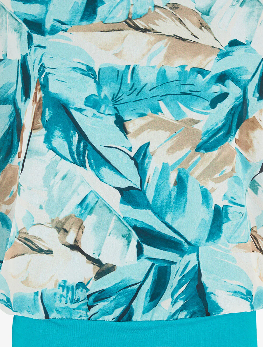 Voile top met bloemenprint en ruches aan de mouwen - Turkoois - Image 3