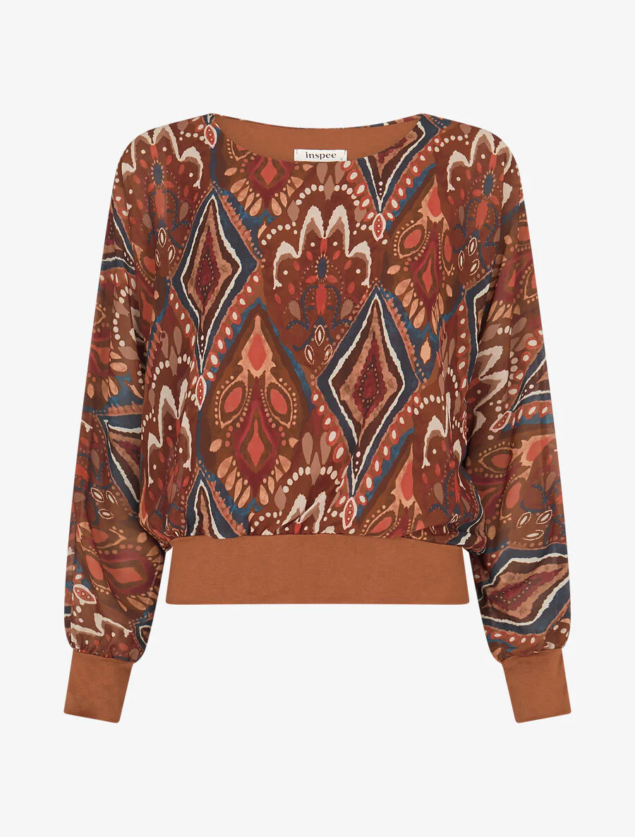 Voile top met grafische print - bruin