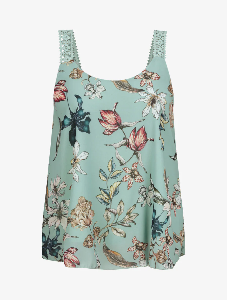 Voile top met wilde orchideeënprint - Watergroen