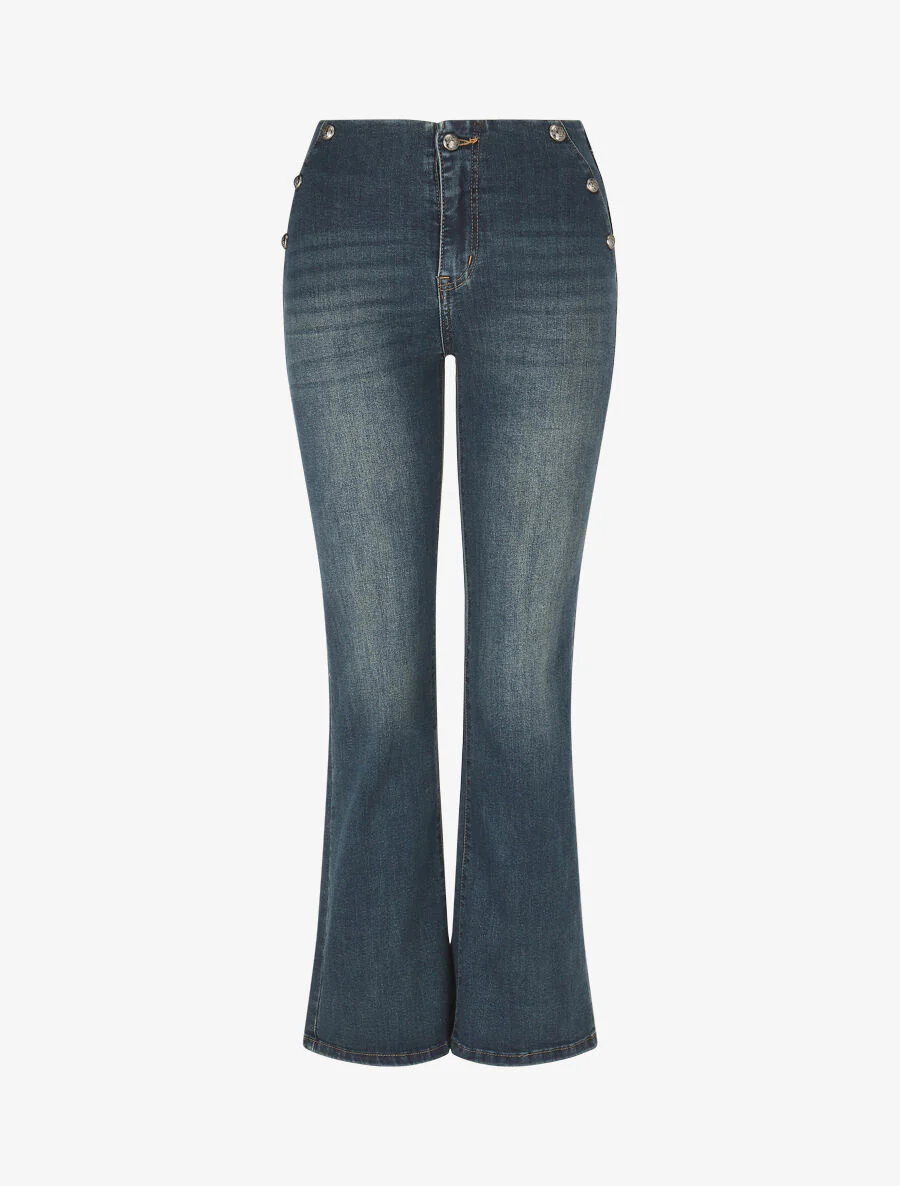 Washed jeans met decoratieve flare knopen - blauw