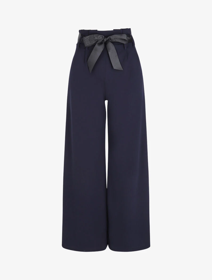 Wijd hoog getailleerd gefronst broek - Donkerblauw