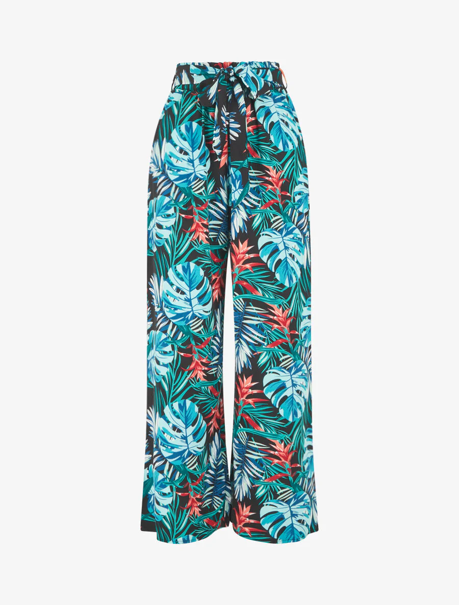 Wijde broek met bladerenprint - blauw