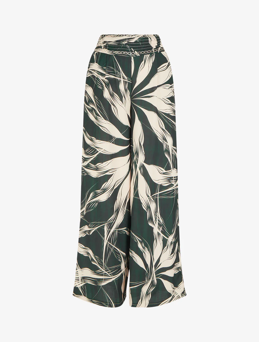 Wijde broek met bladerprint - Dennengroen