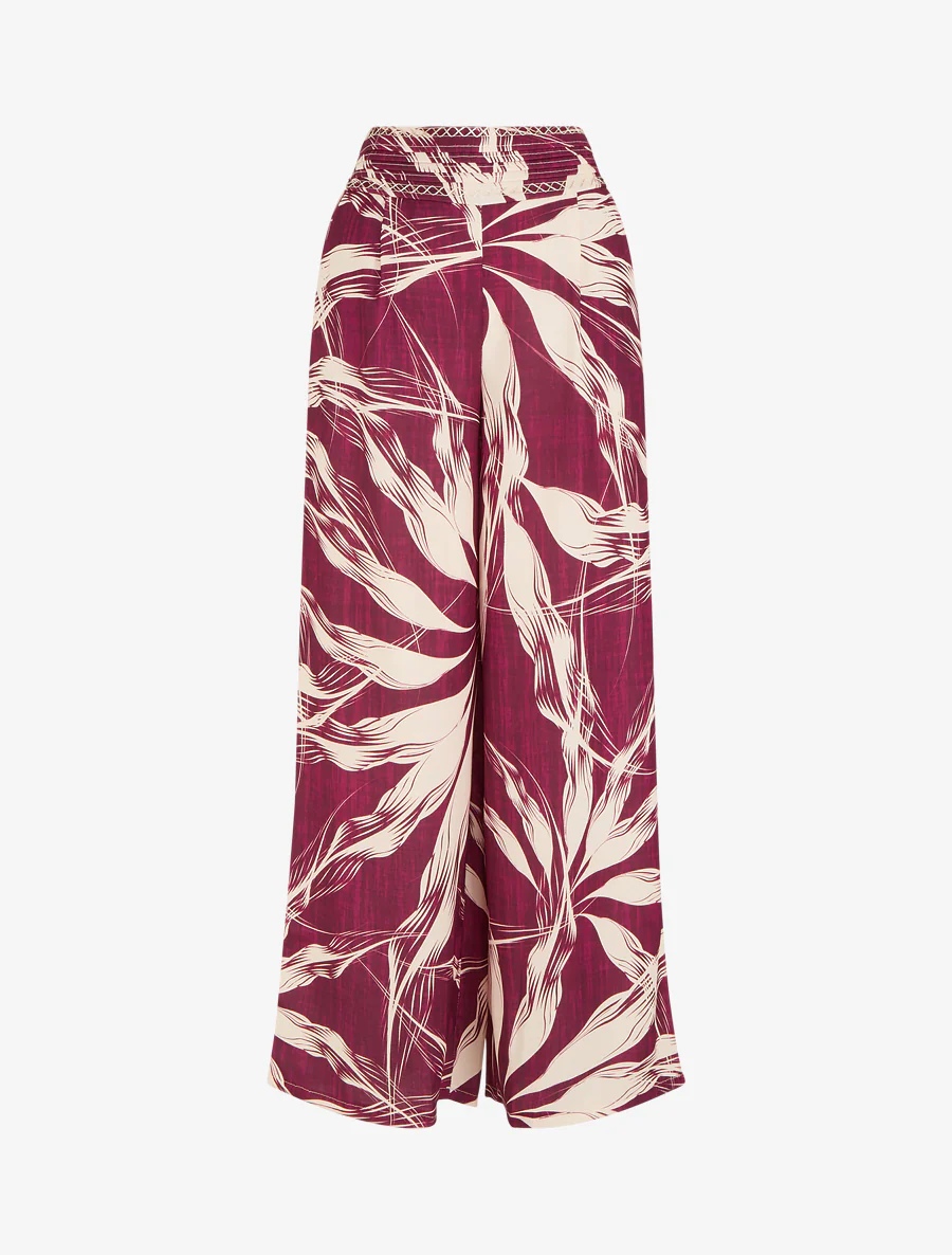 Wijde broek met bladerprint - Pruim