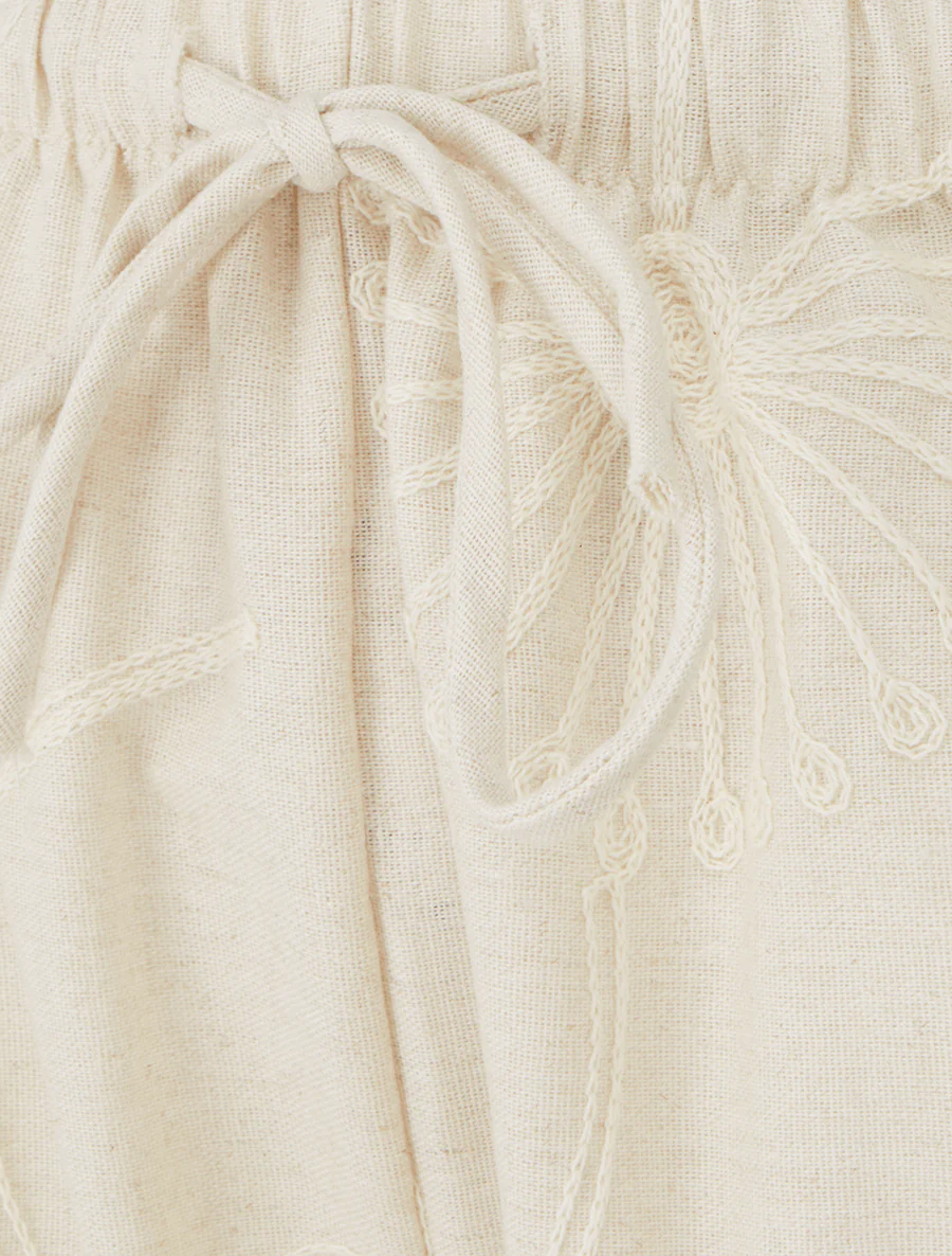 Wijde broek met geborduurde bloemen - Beige - Image 3