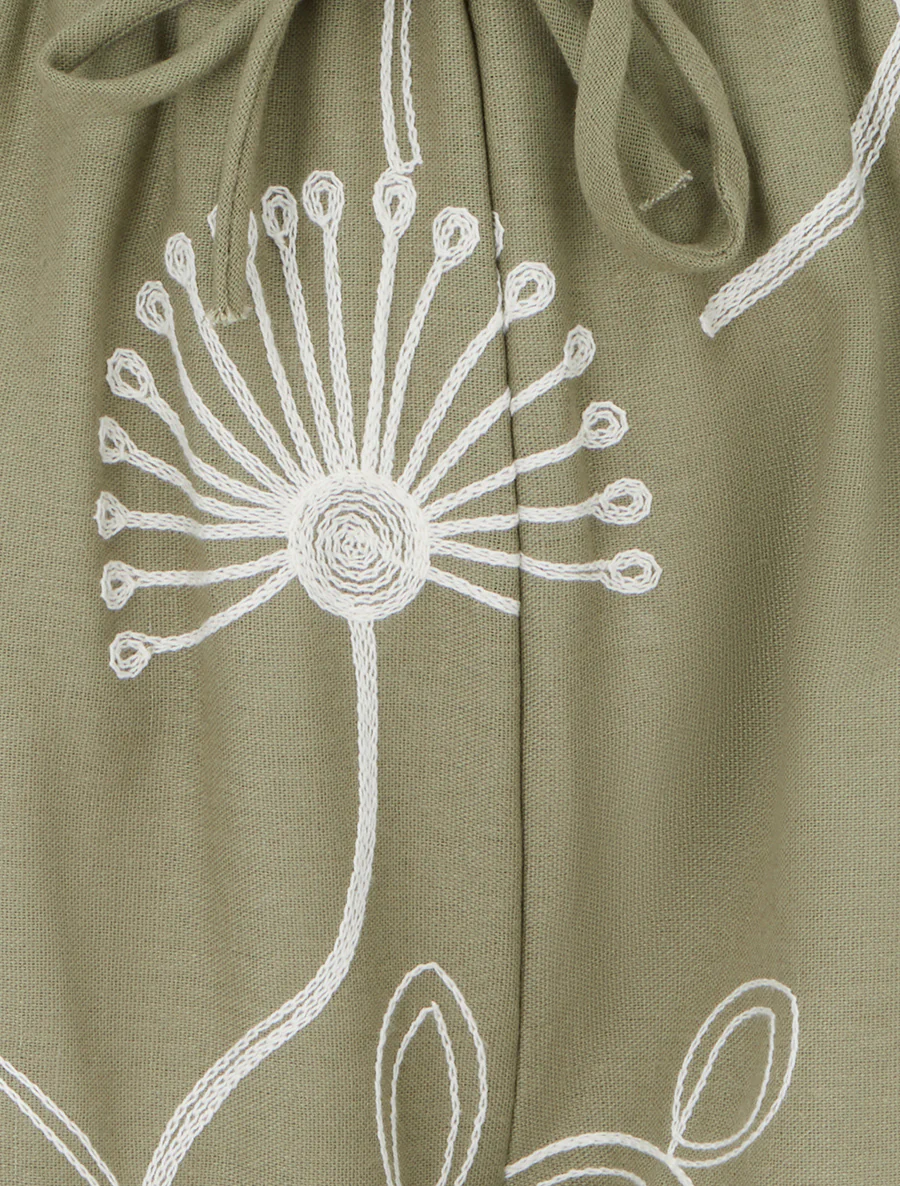 Wijde broek met geborduurde bloemen - Kaki - Image 3