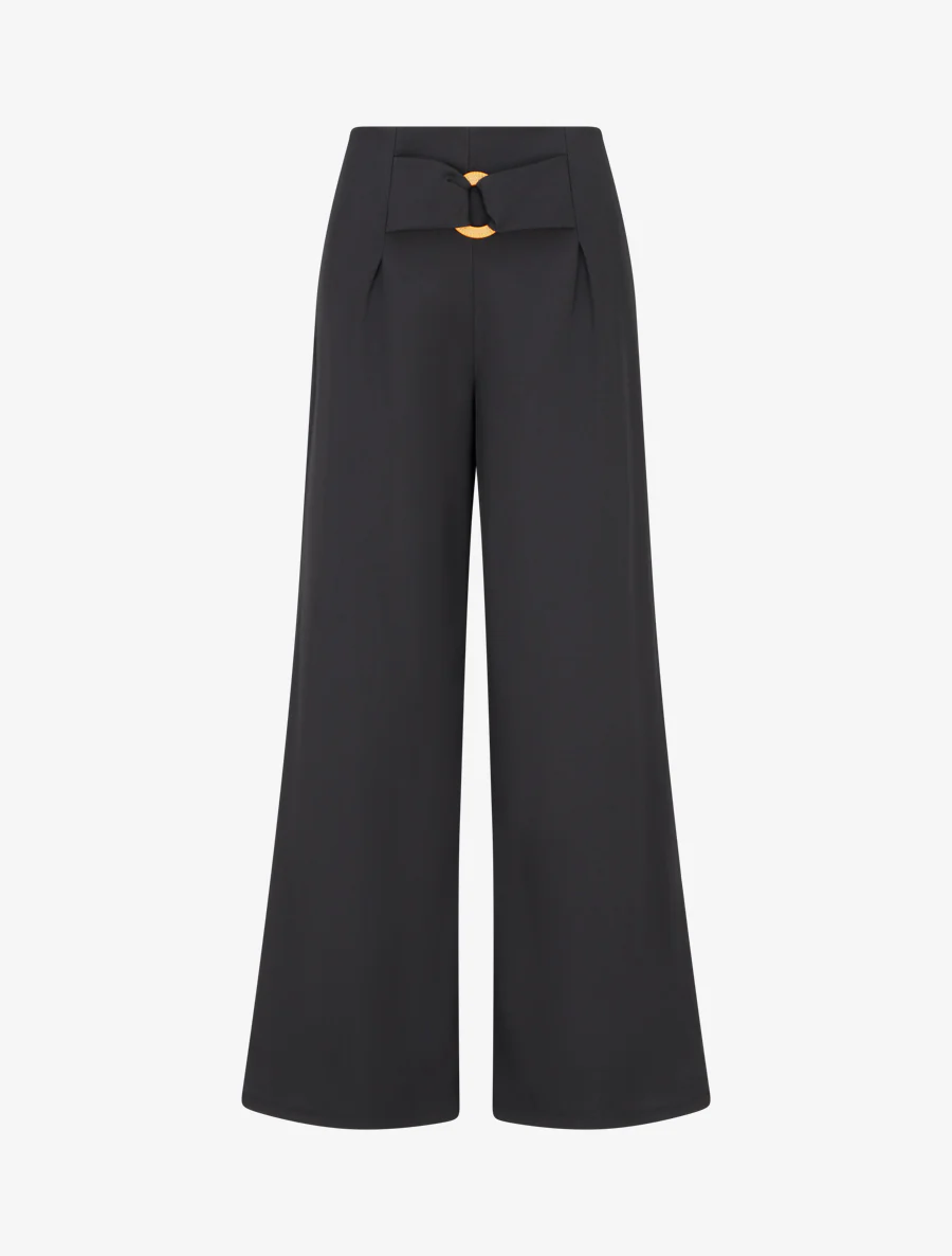 Wijde broek met hoge taille en fantasiegesp. - Zwart