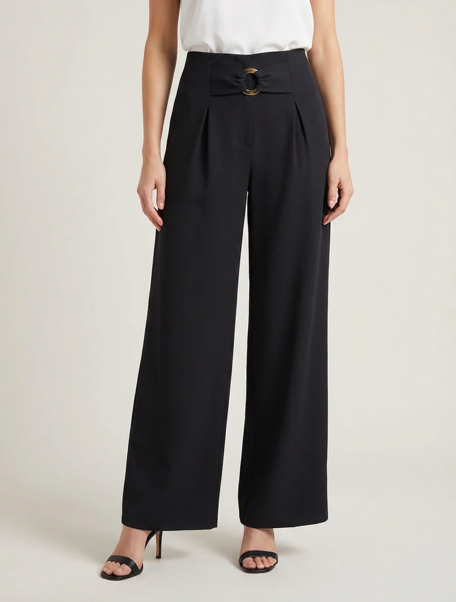 Wijde broek met hoge taille en fantasiegesp. - Zwart - Image 4