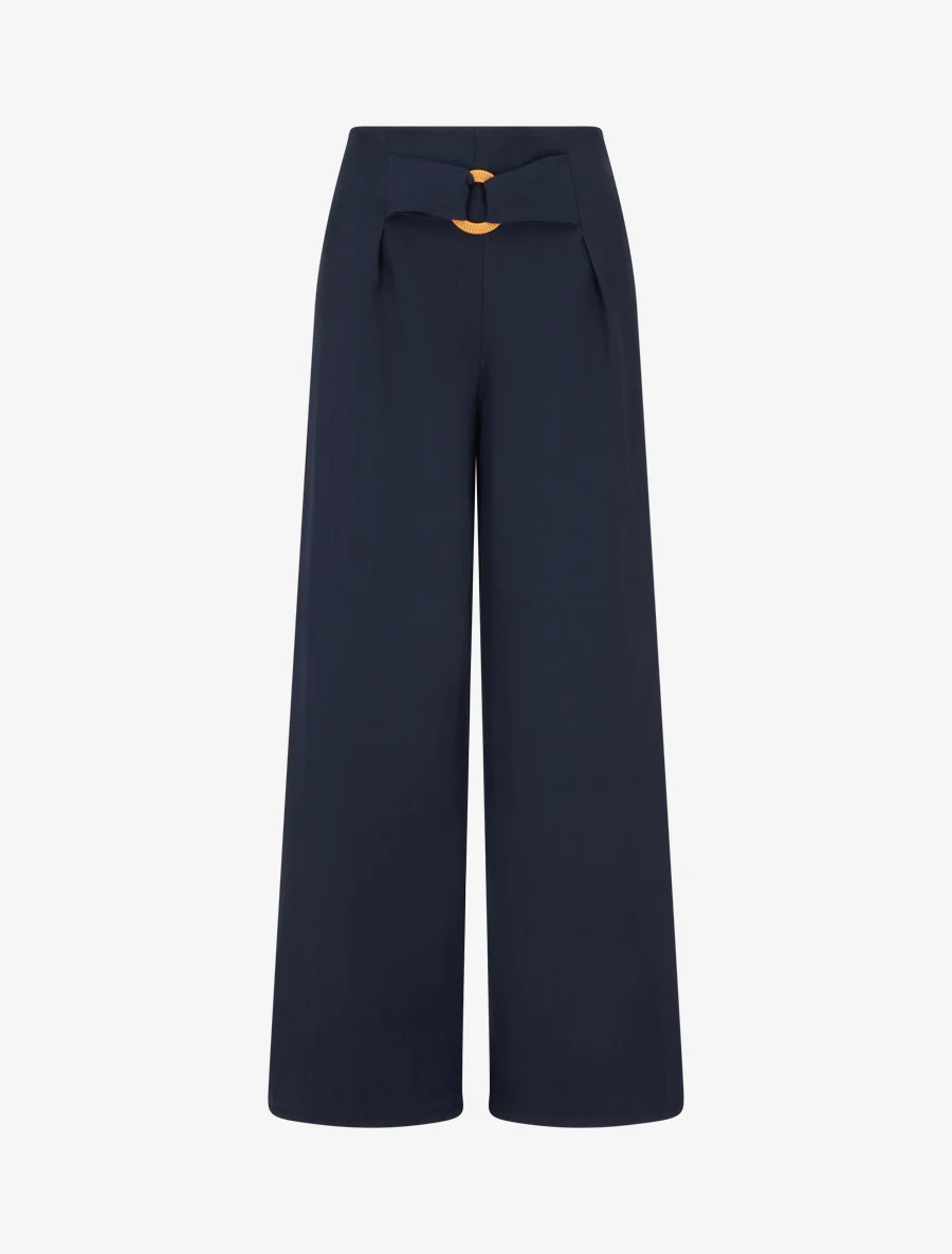 Wijde broek met hoge taille en fantasiegesp. - Marine