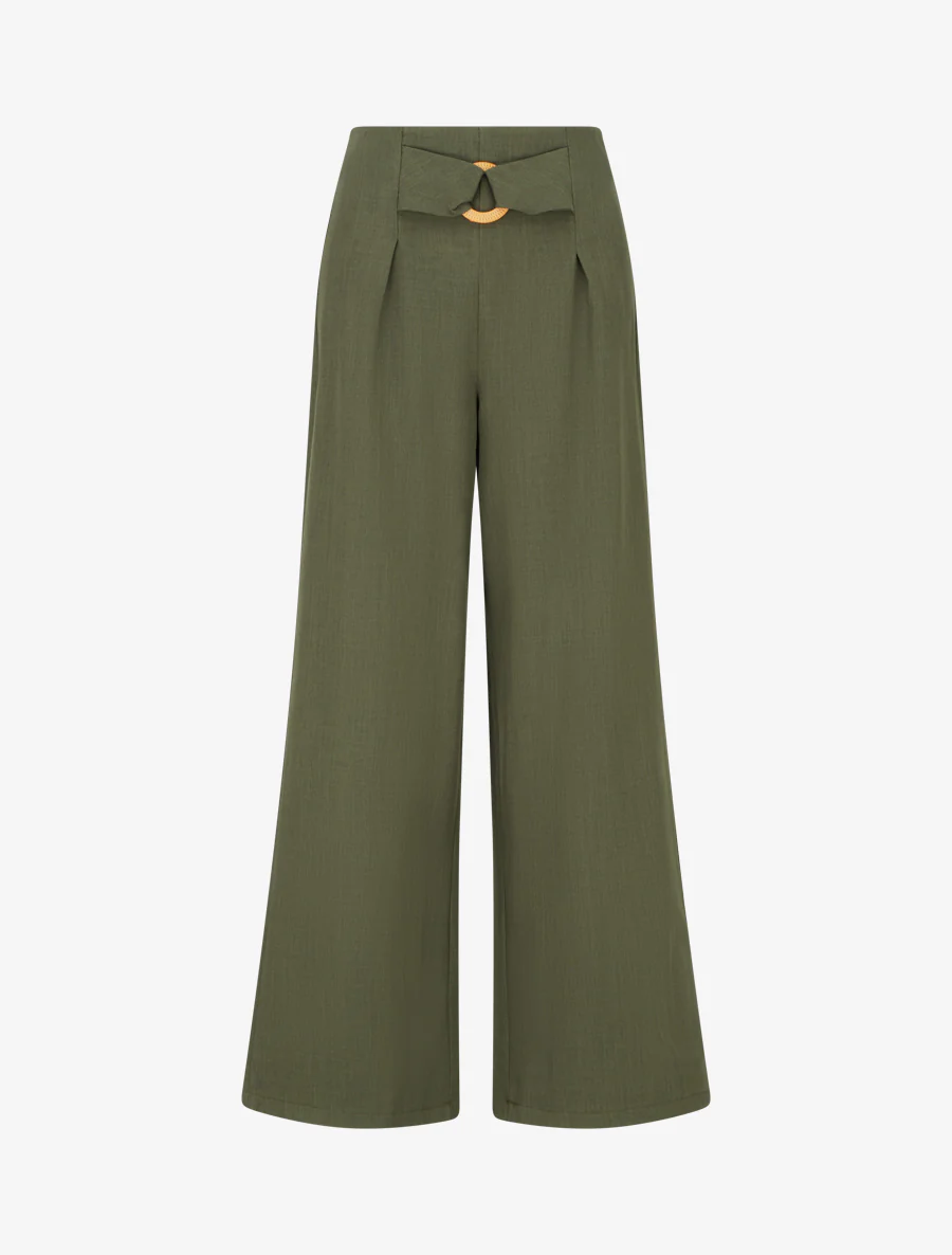 Wijde broek met hoge taille en fantasiegesp. - Kaki