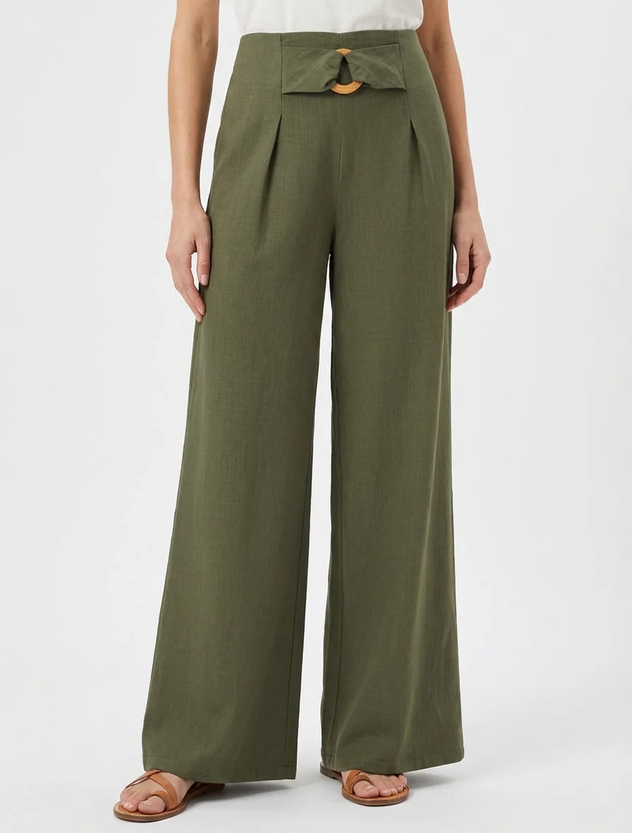 Wijde broek met hoge taille en fantasiegesp. - Kaki - Image 4