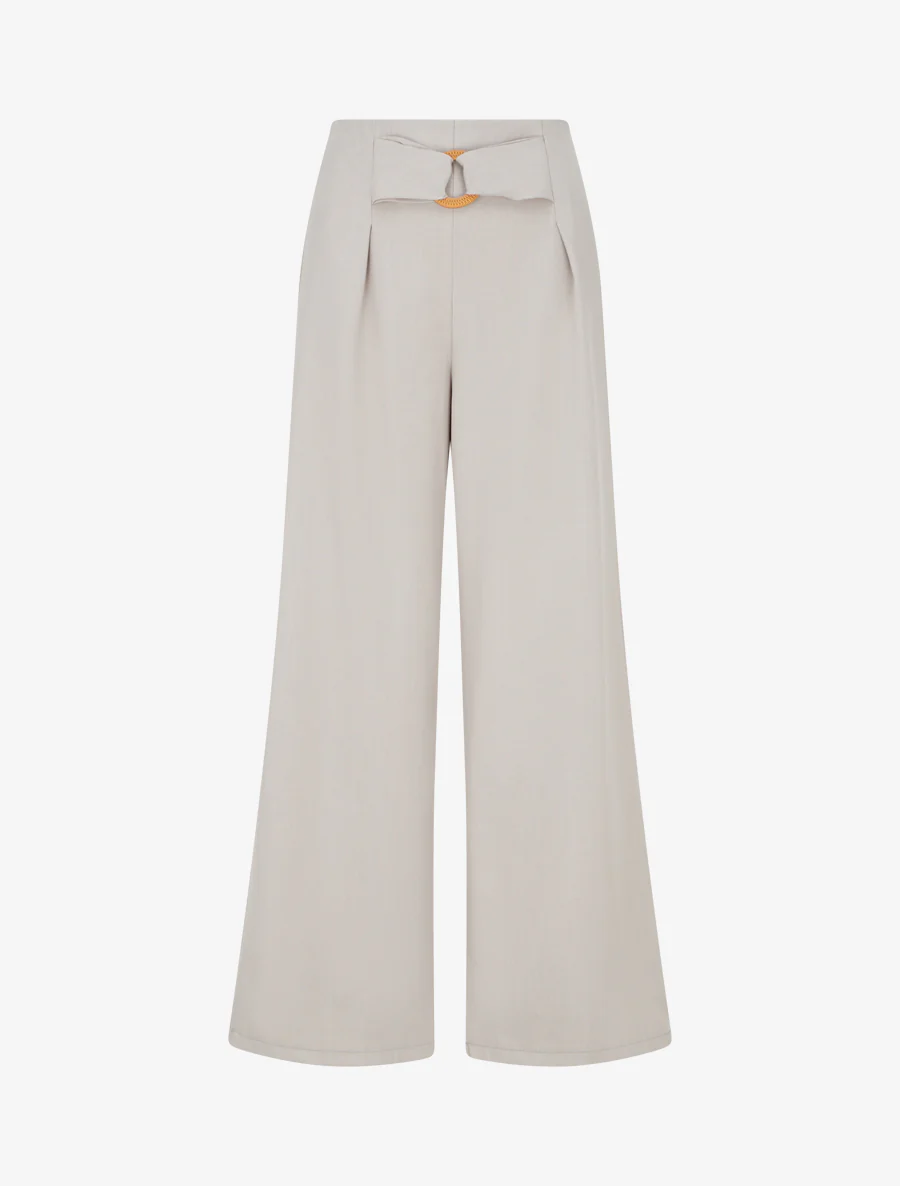 Wijde broek met hoge taille en fantasiegesp. - Beige