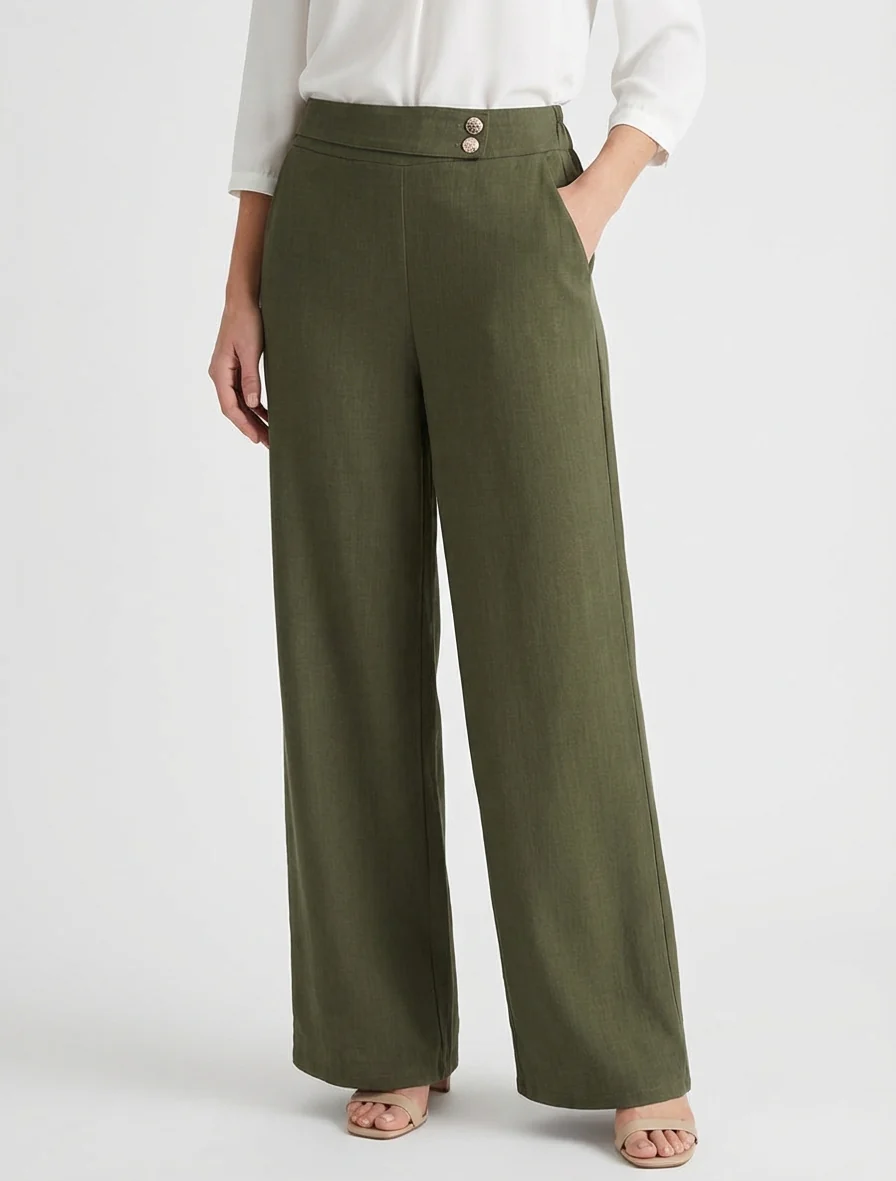 Wijde broek met riem en knopen - Kaki - Image 4