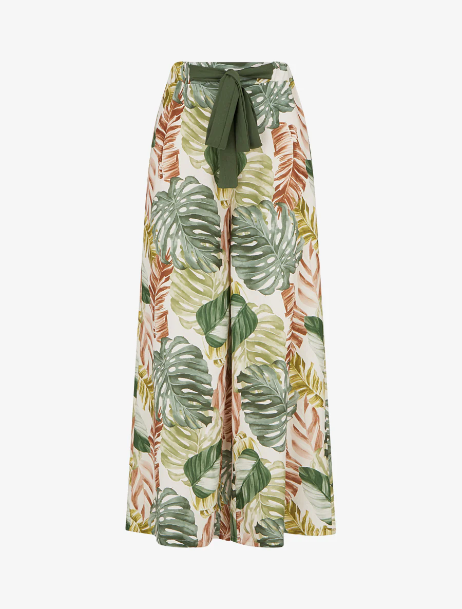 Wijde broek met tropische print - Kaki