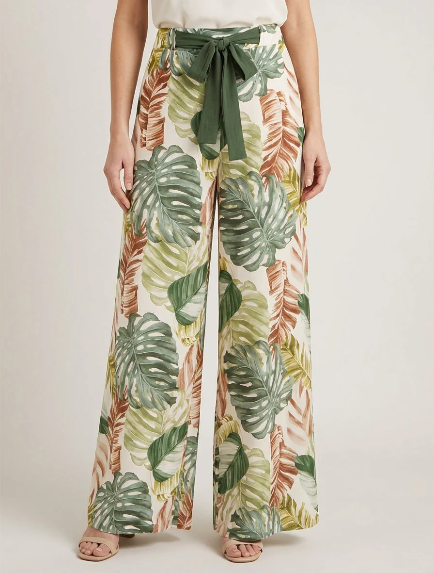 Wijde broek met tropische print - Kaki - Image 4