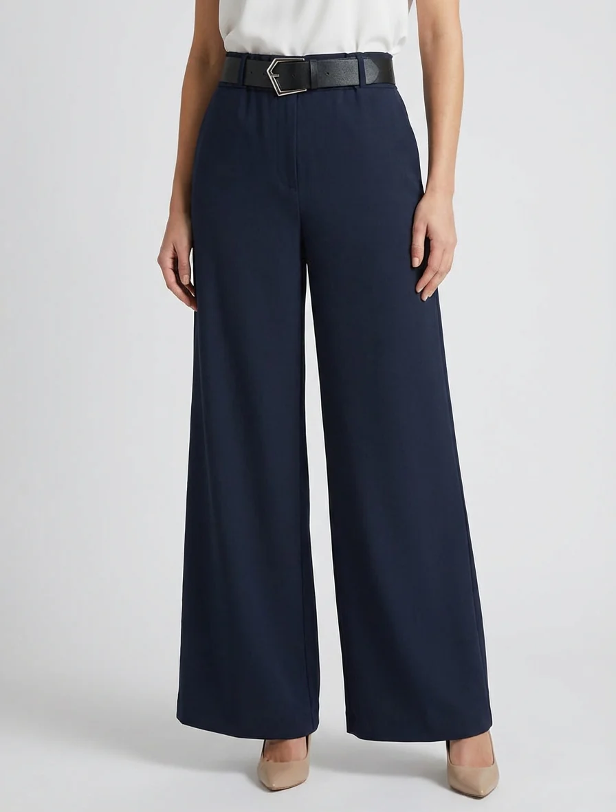 Wijde effen broek met hoge taille - Marine - Image 4