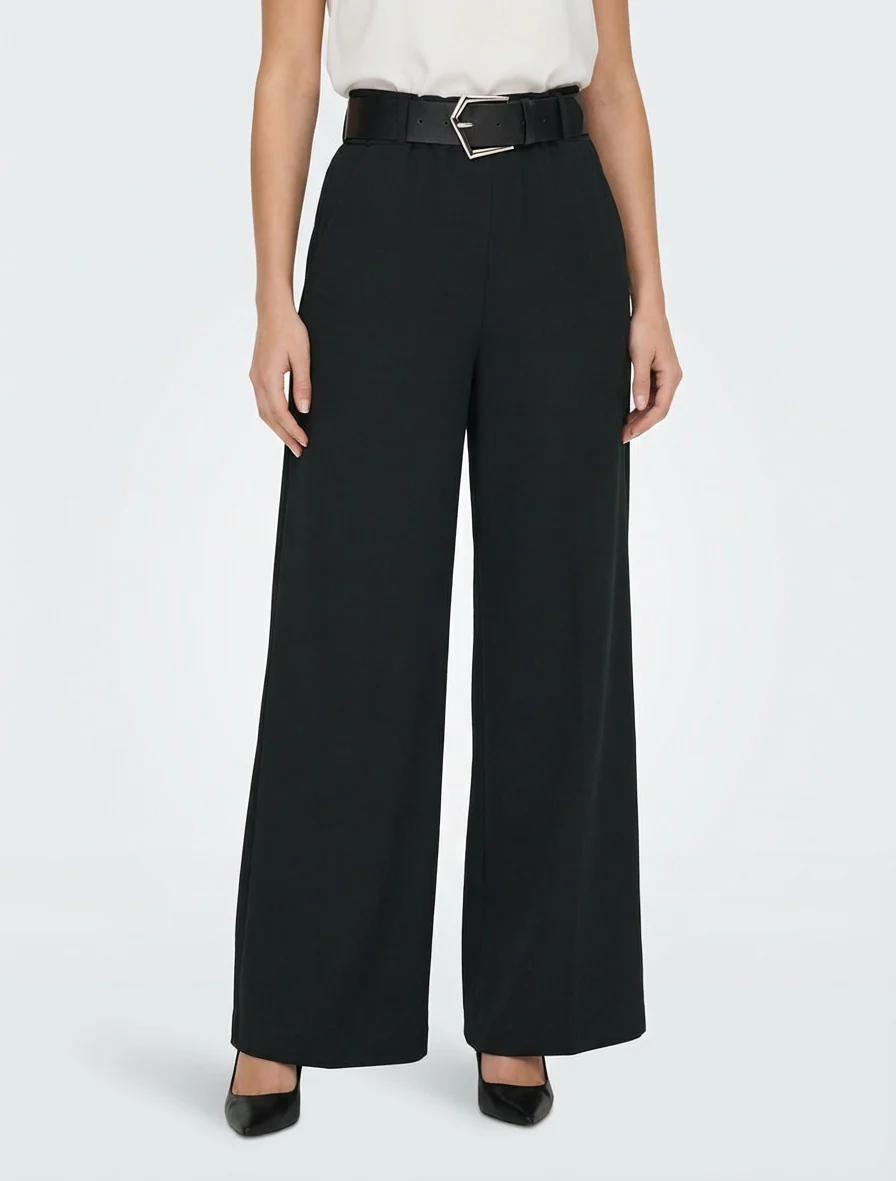 Wijde effen broek met hoge taille - Zwart - Image 4