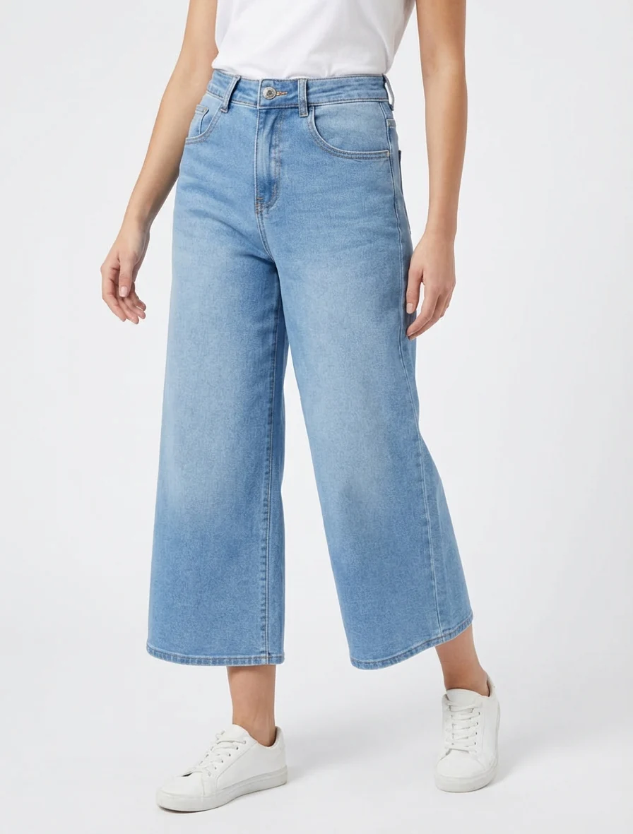 Wijde jeans capri broek. - Blauw - Image 4