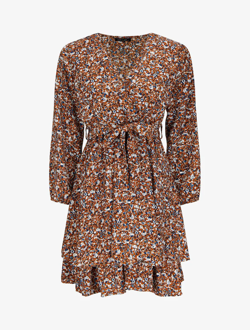 Wikkeljurk met bloemenprint - Kameel