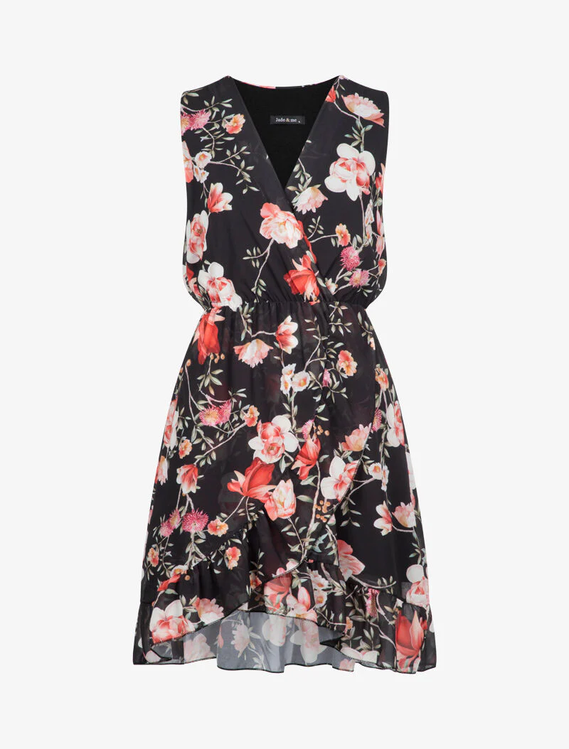 Wikkeljurk met bloemenprint - zwart