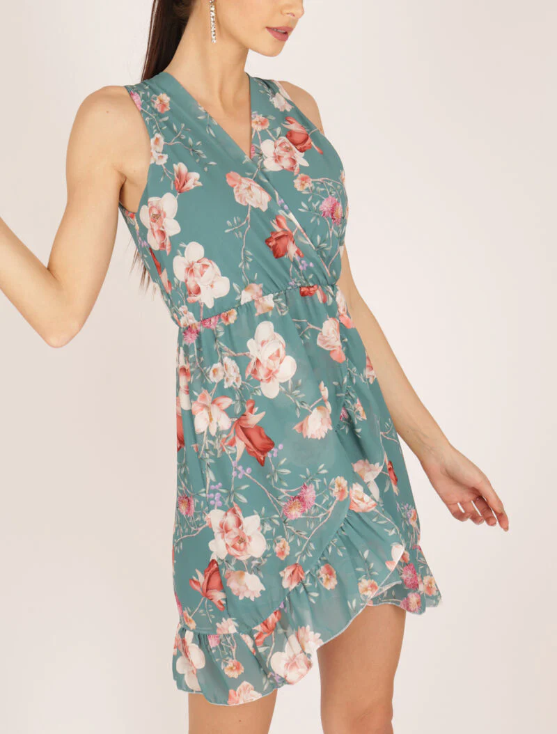 Wikkeljurk met bloemenprint - turkoois