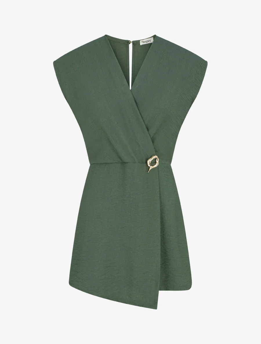 Wikkeljurk-stijl playsuit met broche - Kaki