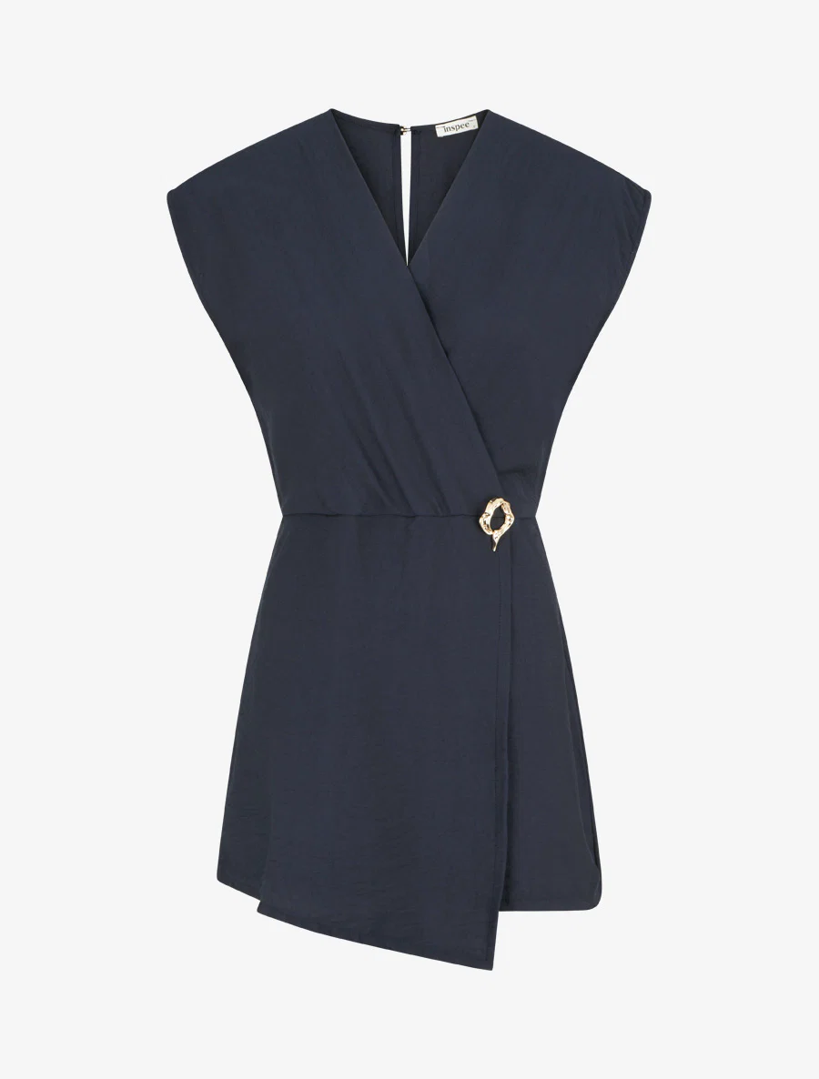 Wikkeljurk-stijl playsuit met broche - Marine