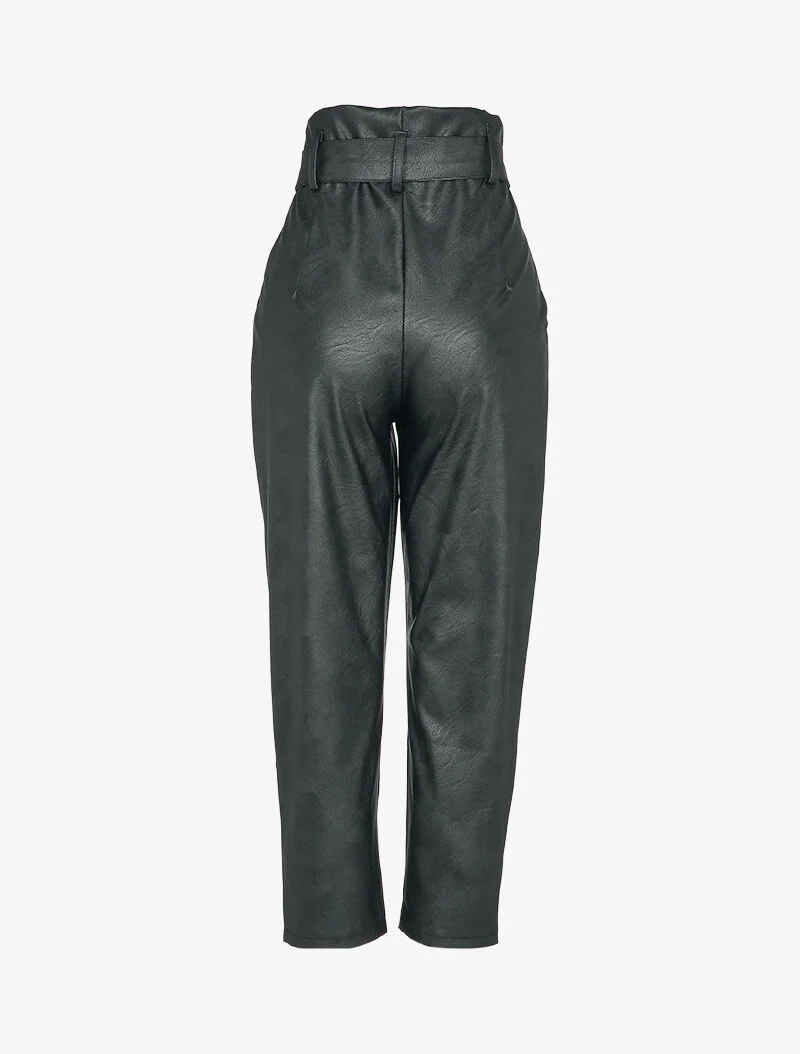 Wortelbroek met geplooide empire taille in imitatieleer - Zwart - Image 2
