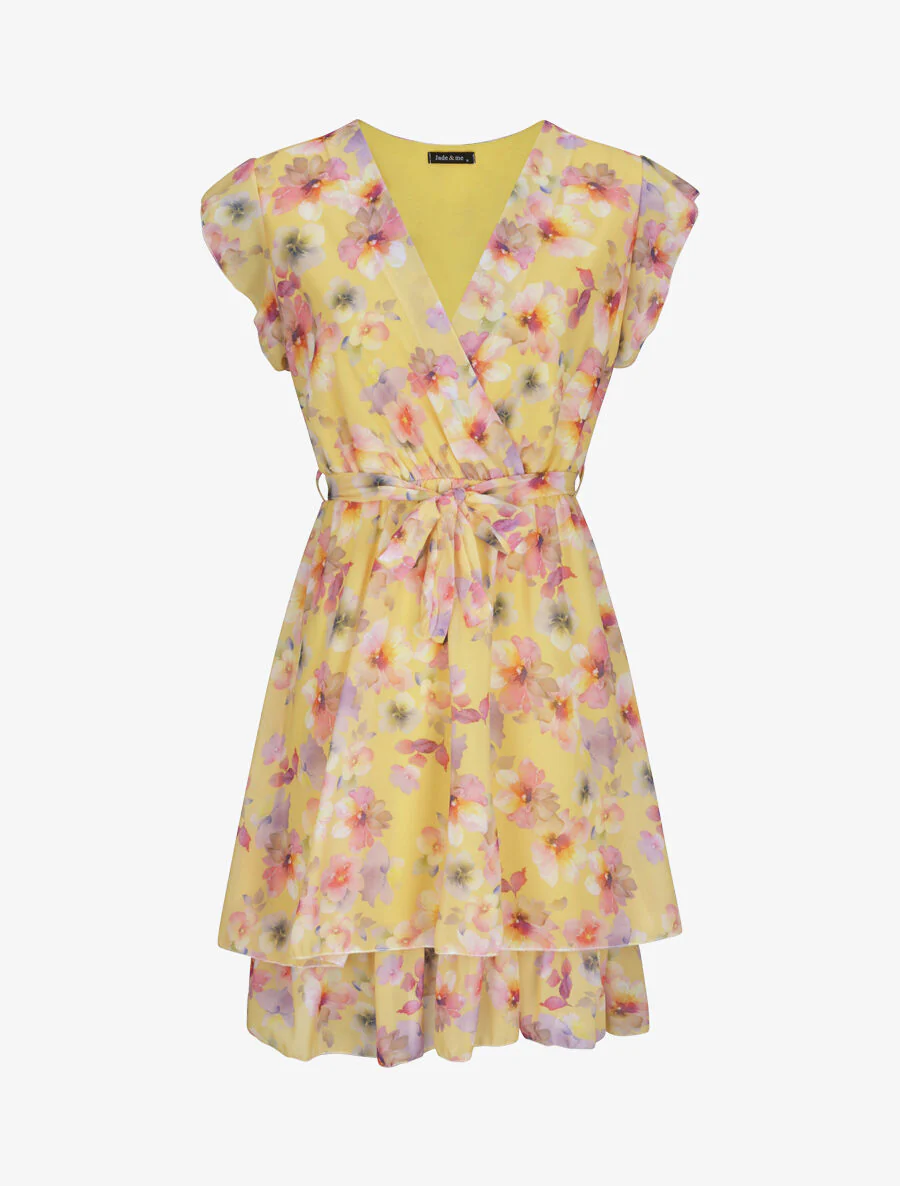 Zomerbloemenprint zijden jurk - Geel
