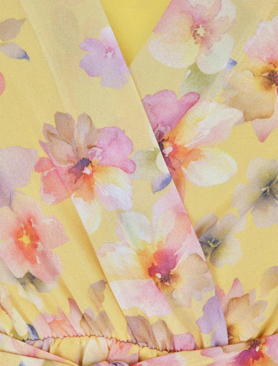 Zomerbloemenprint zijden jurk - Geel - Image 3
