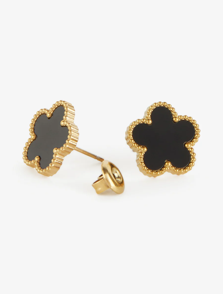 Zwarte emaille bloem oorstekers - Goud - Image 3